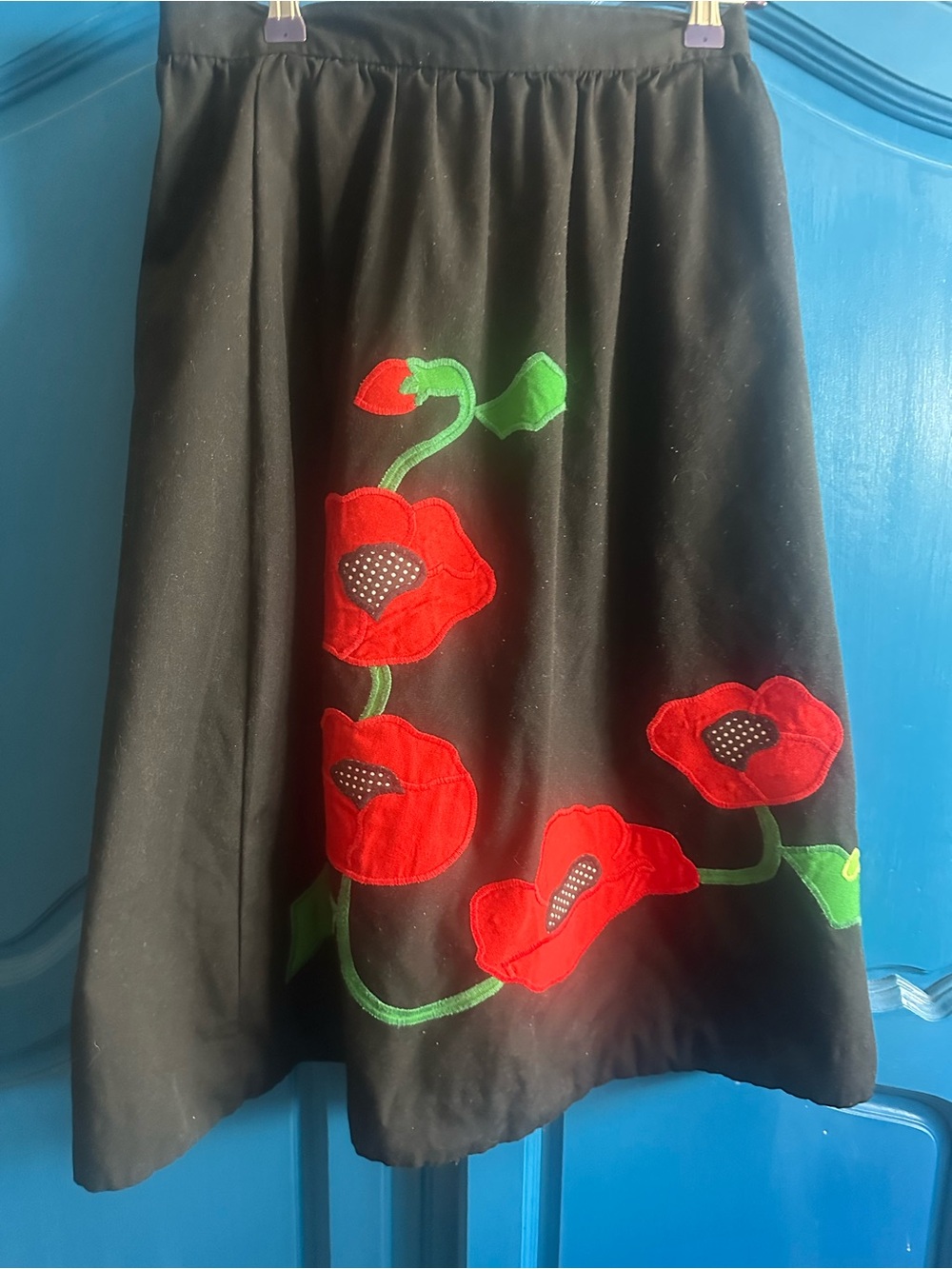 Black A-Line Skirt with Red Floral Appliqué